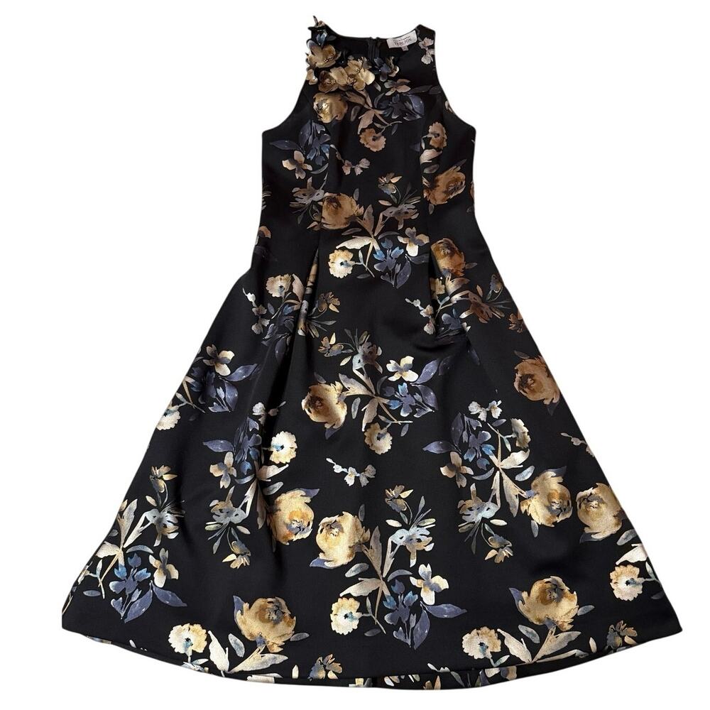 Teri Jon by Rickie Freeman Black A Line Dress Metallic Gold Floral Appliqué 8